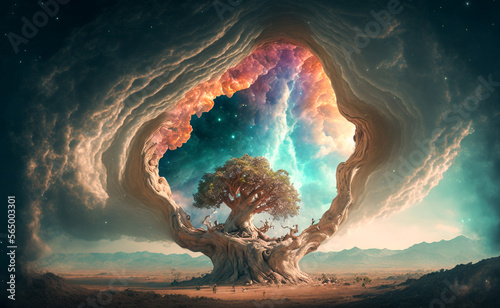 Strange, mysterious gigantic tree in a dream, in another world or on an alien planet. Created with Generative AI technology.