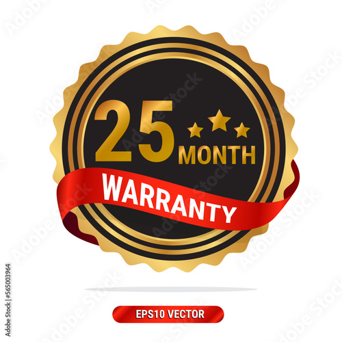25 month warranty golden seal, stamp, badge, stamp, sign, label with red ribbon isolated on white background.