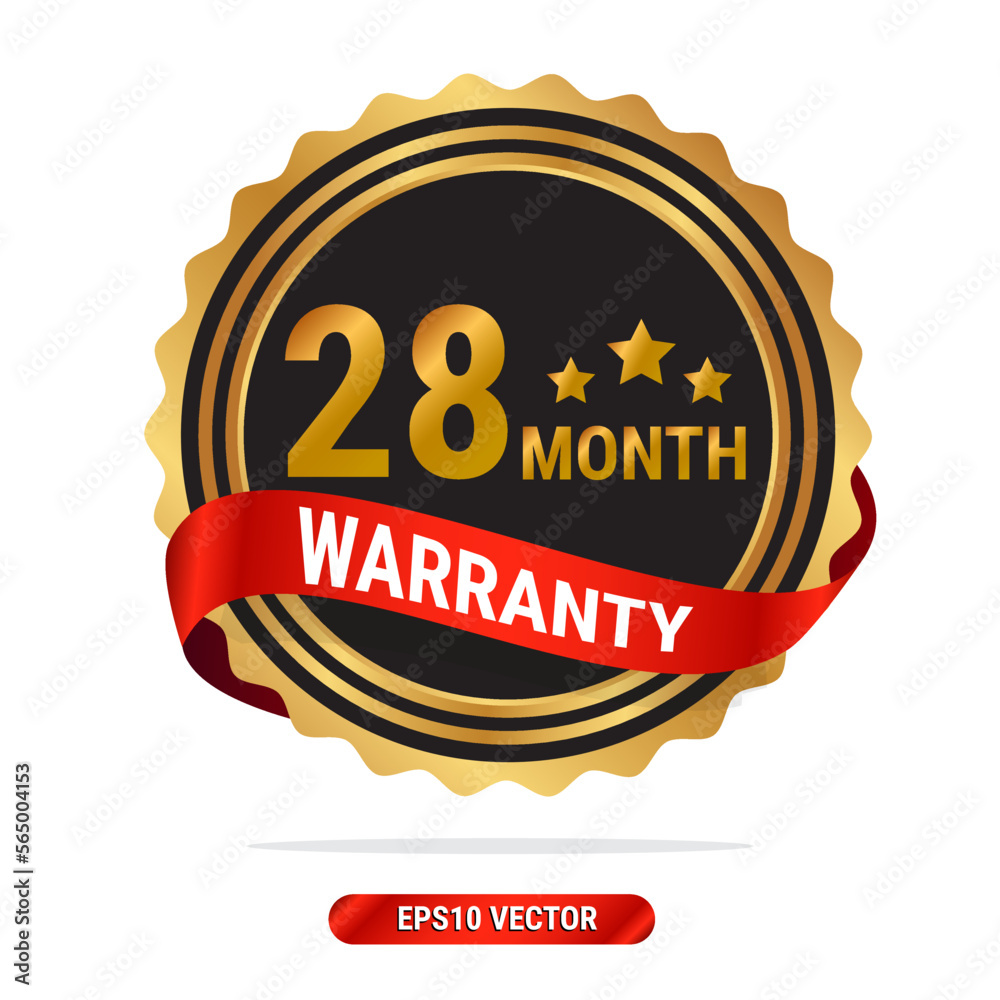28 month warranty golden seal, stamp, badge, stamp, sign, label with red ribbon isolated on white background.
