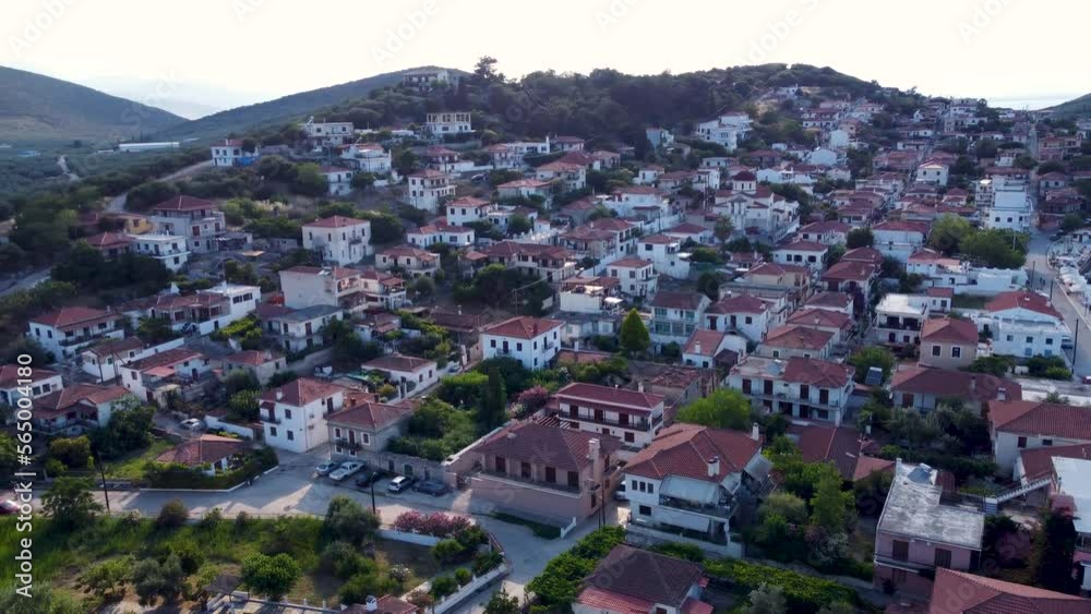 A breathtaking aerial shot of a seaside village near Volos, Greece.