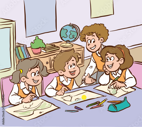 cute kids painting together cartoon vector