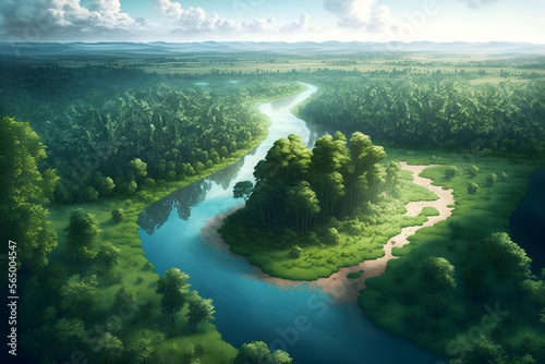landscape of a forest and river blue sky with scattered clouds shot from the sky down
