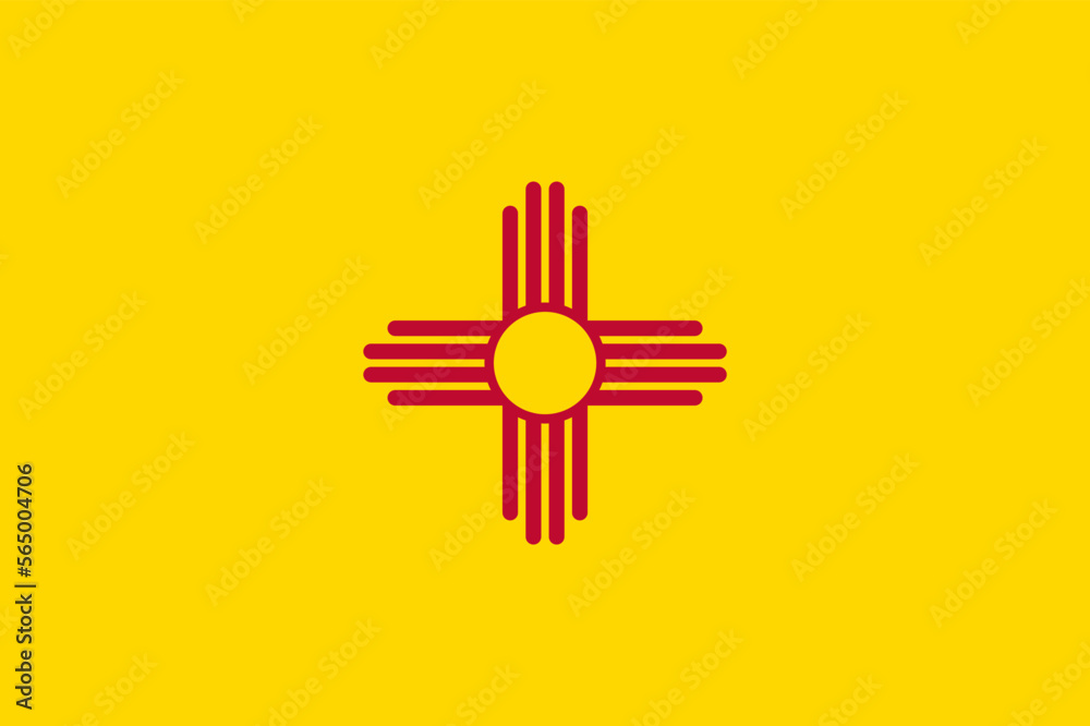 Flag of New Mexico state (United States of America, U.S.A. or USA, North America) The ancient Zia sun symbol in red on a field of yellow