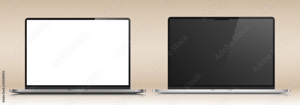 Realistic laptop layouts with a white and black screen and reflection on a beige gradient background. Vector set.