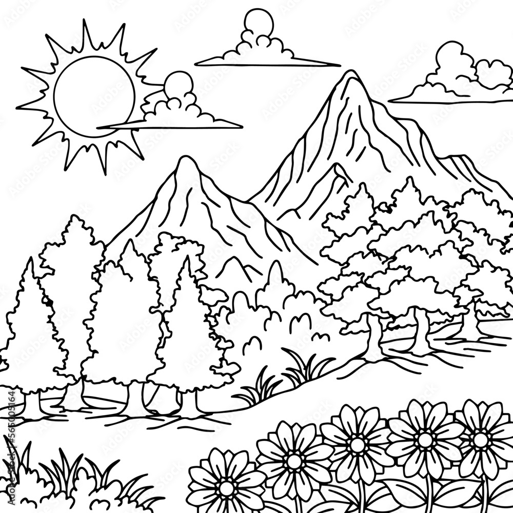 Fototapeta premium Design Nature Landscape Outline Coloring Page