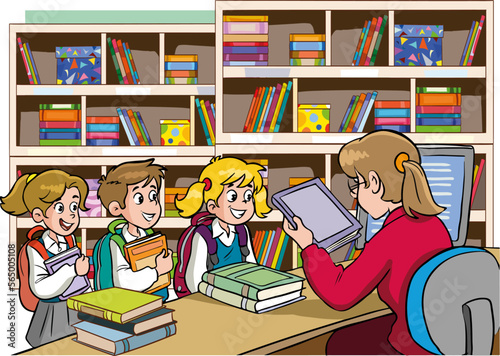 student children taking a book from the library cartoon vector