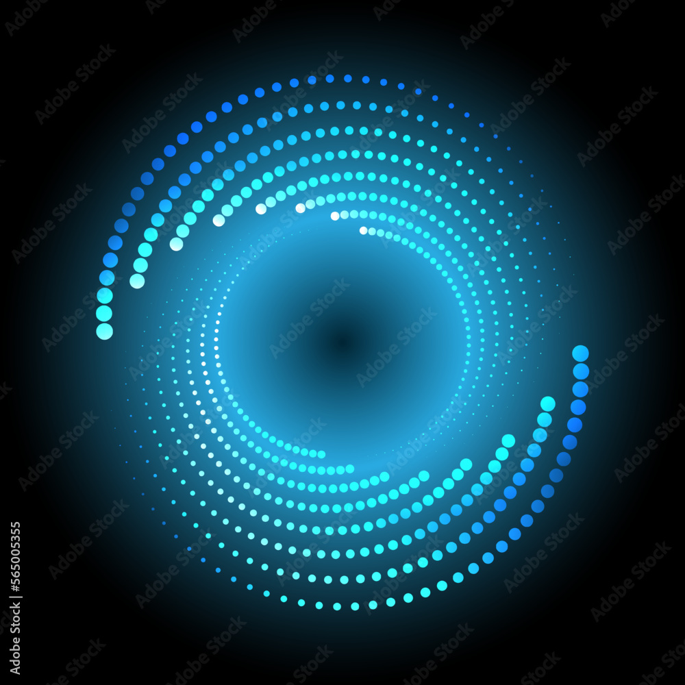 A blue circle of dotted halftones with neon glow on a black background. Abstract design element. The effect of a rotating, disappearing gradient. Vector illustration. A blue circle of dotted halftones with neon glow on a black background. Abstract design element. The effect of a rotating, disappearing gradient. Vector illustration.