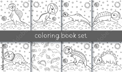 Vector illustration of dinosaur astronaut in space, Coloring book for children