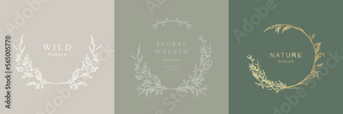Elegant luxury frames, floral wreath, сircle monogram with hand drawn wild herbs and flowers. Vector vintage illustration for invitation or wedding decor, logo, labels, branding, business identity 