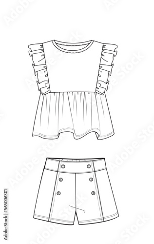 Girl ruffle blouse and short flat skecth, button detail short technical drawing