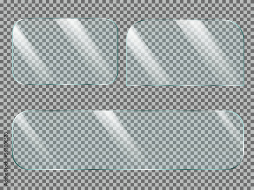 Reflective glass plate or banner. Rectangular transparent window with rounded corners with light reflections. Realistic vector illustration isolated on transparent background.