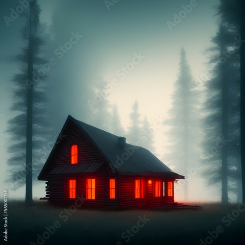 a cabin surrounded by fog. red lights shining out of windows - generative ai