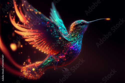 Colorful cartoon rainbow bird with black background. Wonderful electric bird exploding with colourful energy  © Mike Workman