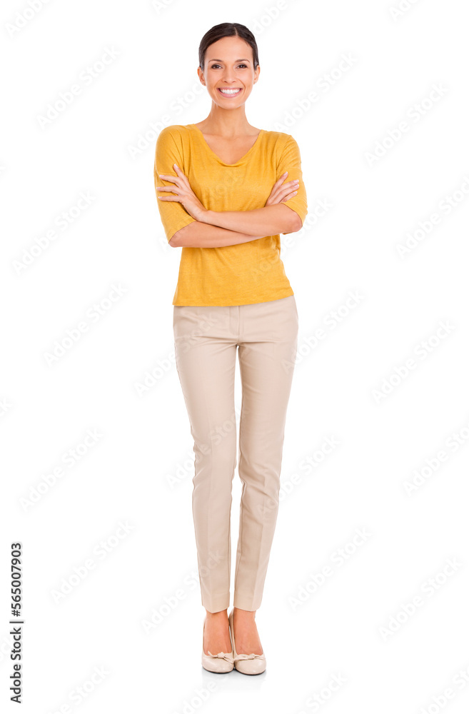A casually dressed young woman standing with her arms folded isolated on a PNG background. A casually dressed young woman standing with her arms folded isolated on a PNG background.