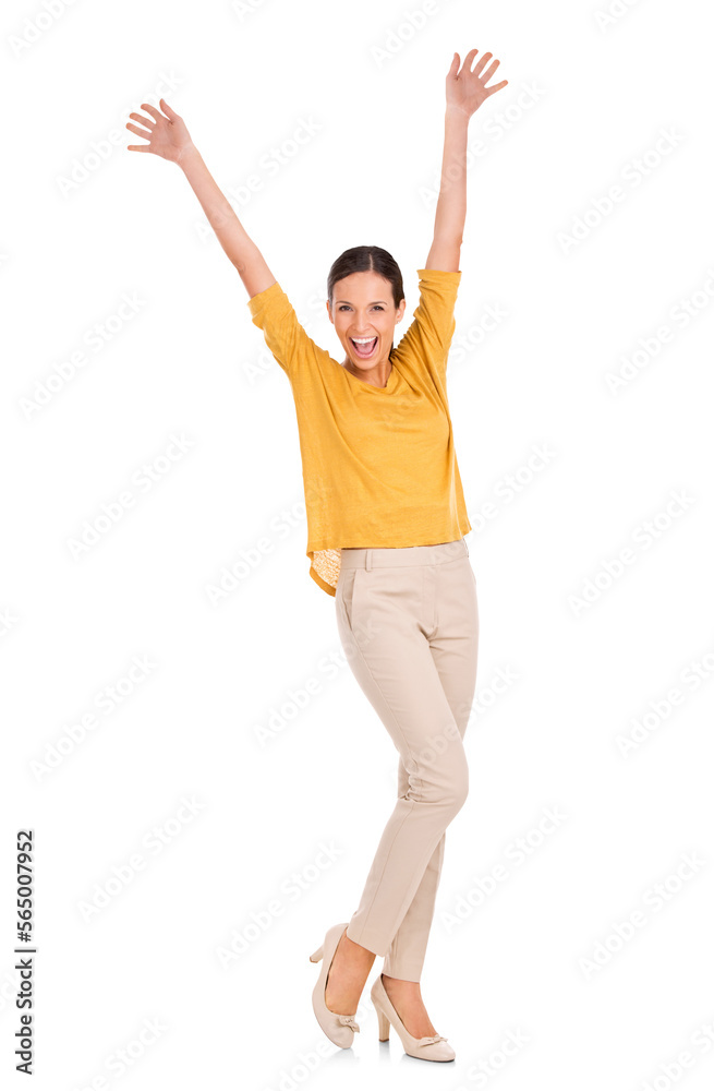 Full-length portrait of an attractive young woman raising both her hands isolated on a PNG background.