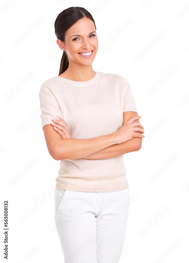 Portrait of a casually dressed young woman standing with her arms folded isolated on a PNG background. Portrait of a casually dressed young woman standing with her arms folded isolated on a PNG background.