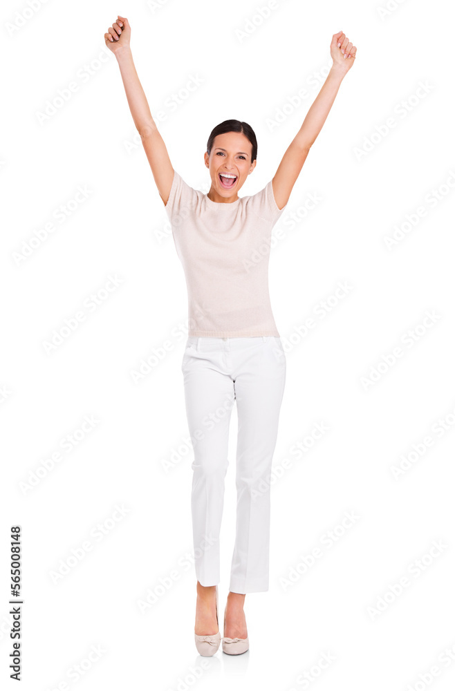 Full-length studio portrait of an attractive young woman with her arms outstretched isolated on a PNG background. Full-length studio portrait of an attractive young woman with her arms outstretched isolated on a PNG background.