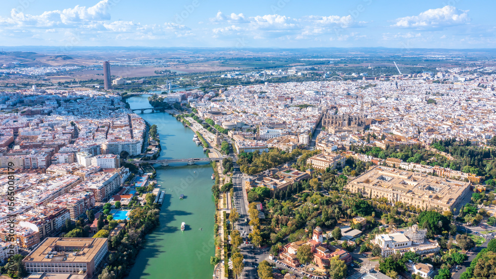 Fototapeta premium Aerial view of the Spanish city of Seville in the Andalusia region on the river Guadaquivir overlooking cathedral and Real Alcazar