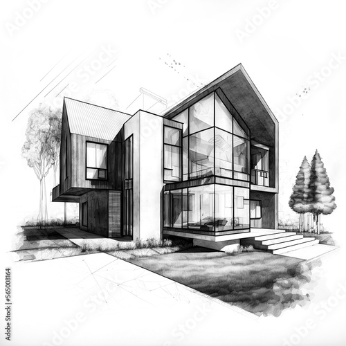 black and white drawing of a modern minimalist house in idyllic setting, generative AI © 3Dtask.de