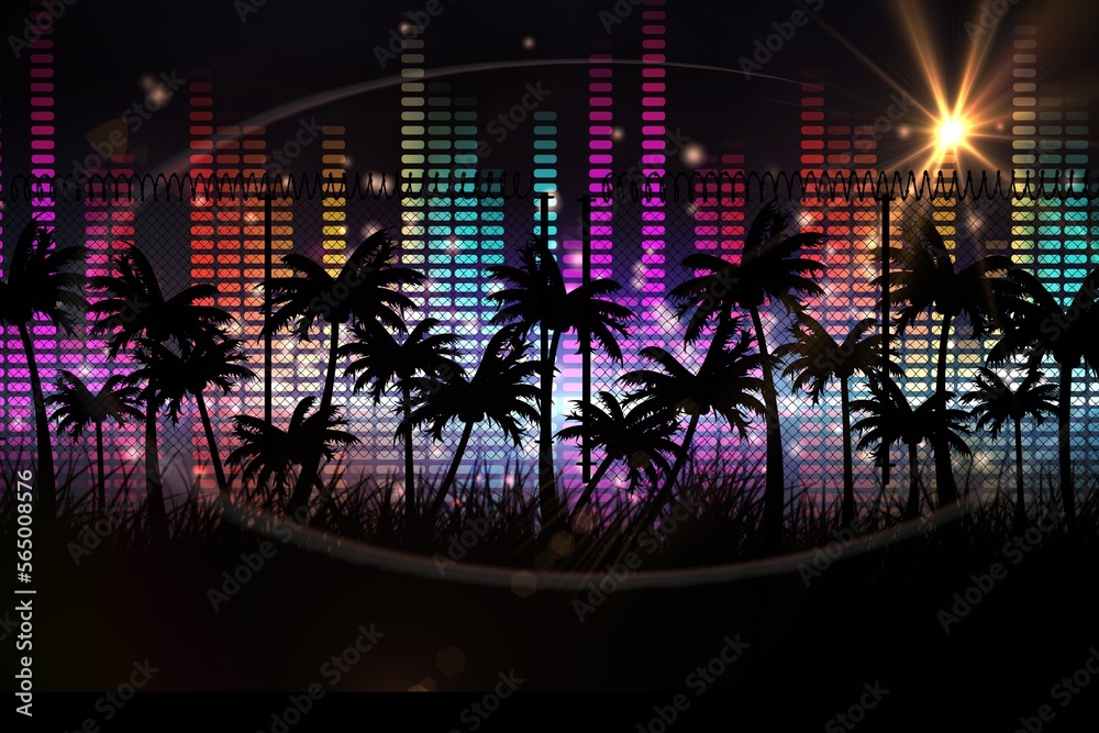 Naklejka premium Silhouette of palm trees, music equalizer and spot of light against black background