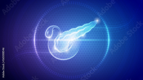 Human Pancreas, Gallbladder Endocrine, Digestive System Futuristic Medical Hologram Neon Glow Translucent Backdrop Background Illustration