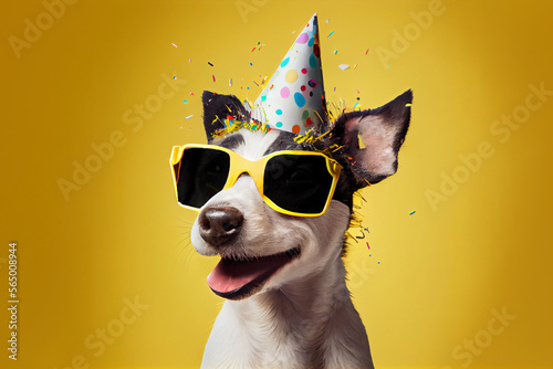dog in party hat and sunglasses over yellow background. Generative Ai © Alexandra