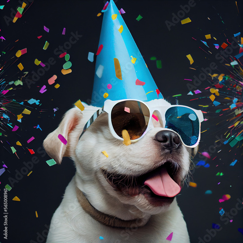 cute dog in party hat and sunglasses, concept of birthday. Generative Ai