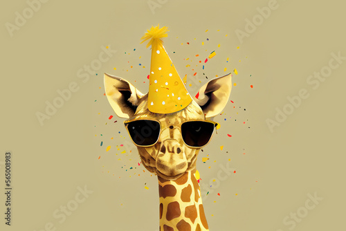 giraffe in party hat and sunglasses. Generative Ai