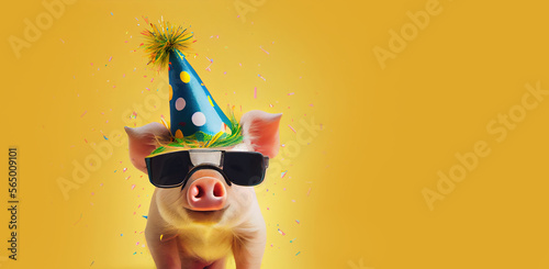 pig in party hat and sunglasses over yellow background, panoramic layout. Generative Ai