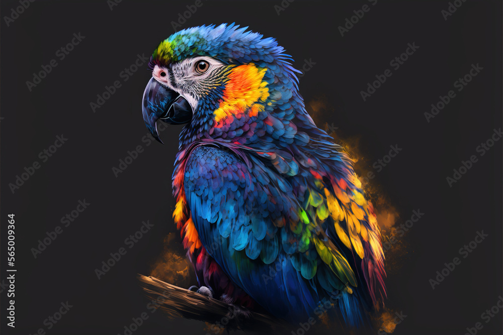 colorful exotic parrot, fantasy abstract portrait parrot with a colorful, generative ai