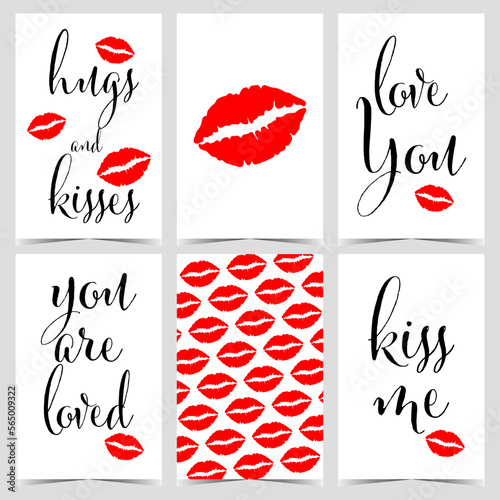 Valentine's Day postcard, gift label or tag with red lipstick kiss and black romantic love text or messages on white background. Vector illustration for any purpose on Feast of Saint Valentine.