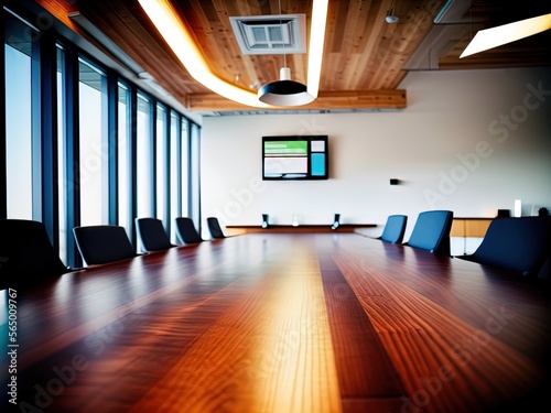 A business conference room in warm and wood tones. 