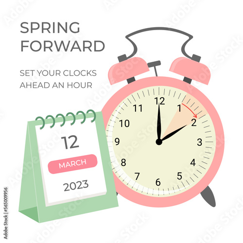 Daylight saving time concept banner. Spring forward time. Allarm clock and calendar.