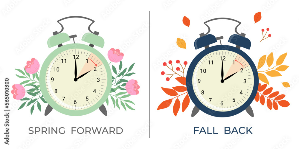 Daylight saving time concept banner. Spring forward and fall back time. Allarm clock with flowers and leaves.