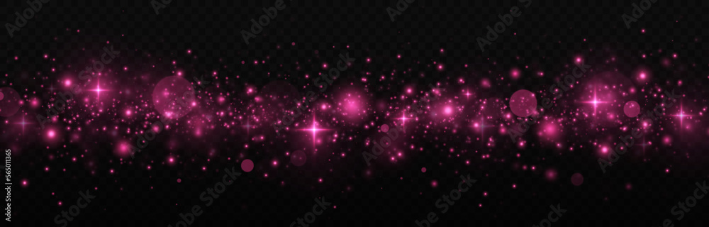 Pink dust, sparks and pink stars. Christmas abstract stylish light effect. The dust sparks and pink stars shine with special light.