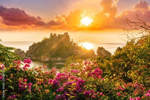 sunrise or sunset view to a beautiful isle in sea from green and red flower bushes on foreground with clouds on the background of landscape