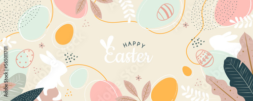 Vector hand drawn horizontal banner. Happy easter. Festive banner. Holidays, discounts, eggs, bunny, bunny ears. Easter Bunny. © YUSI_DESIGN