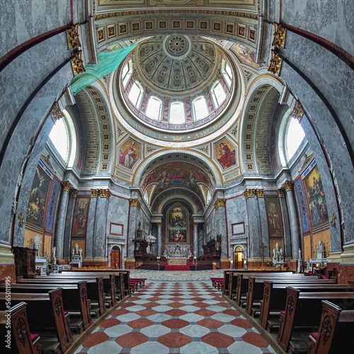 Esztergom, Hungary. Fisheye view of interior of Esztergom Basilica. The Primatial Basilica of the Blessed Virgin Mary Assumed Into Heaven and St Adalbert was built in 1822-1869.