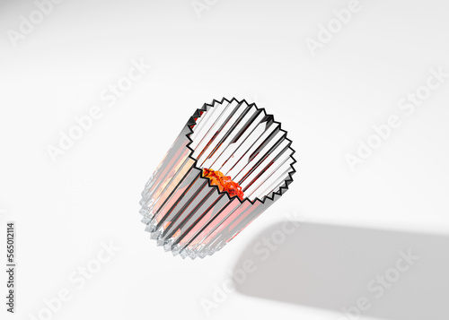 Tilted ribbed glass filled with bright red juice. Levitating in mid air in white studio background. photo