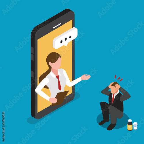 Man talking with a professional psychologist online using his smartphone 3d isometric vector illustration concept for banner, website, landing page, ads, flyer template
