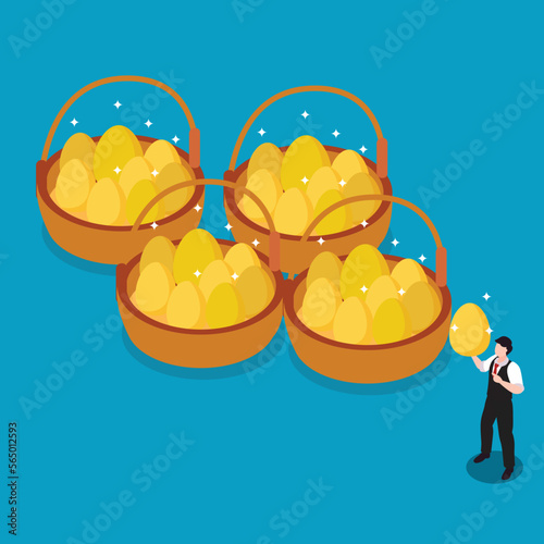 Businessman Allocating eggs into more than one basket 3d isometric vector illustration concept for banner, website, landing page, ads, flyer template