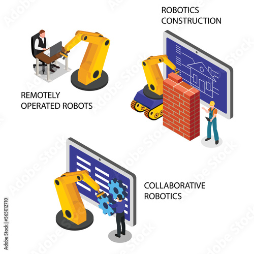 Robotics construction, collaborative robotics, remotely operated robots 3d isometric vector illustration concept for banner, website, landing page, ads, flyer template