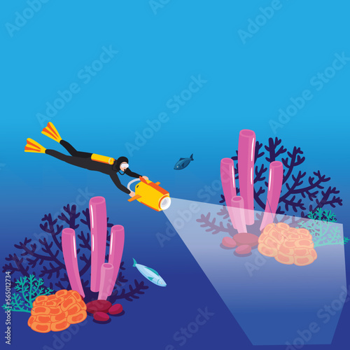 Man diving with underwater scooter tow sled 3d isometric vector illustration concept for banner  website  landing page  ads  flyer template