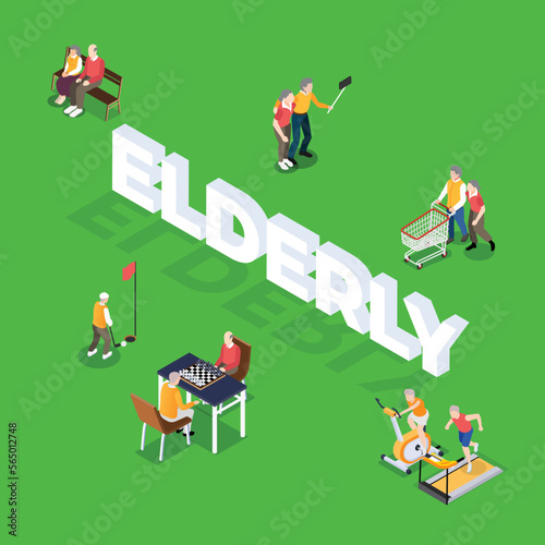 Happy seniors doing various activities 3d isometric vector illustration concept for banner, website, landing page, ads, flyer template