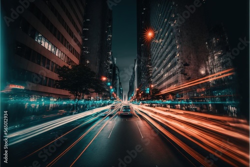  a city street with a lot of traffic at night time with long exposure of the street lights and buildings in the background with a blurry image. generative ai