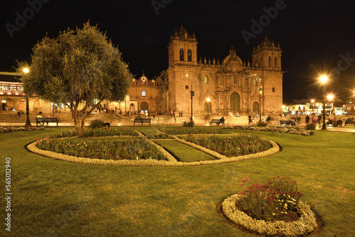 Cathedral of Cusco or Cathedral Basilica of the Virgin of the Assumption at night, Plaza de Armas, Cusco, Peru