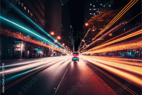  a car driving down a street at night time with long exposures of light streaks on the road and buildings in the background  with a city street lights in the foreground.  generative ai