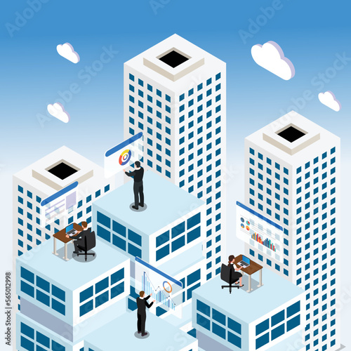 People working on data at rooftop building - cityscape 3d isometric vector illustration concept for banner, website, landing page, ads, flyer template