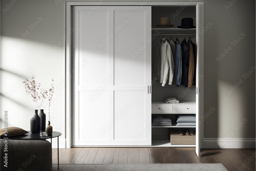  a white closet with a white door and a white shelf with a black vase and a white shirt hanging on it and a white rug.  generative ai