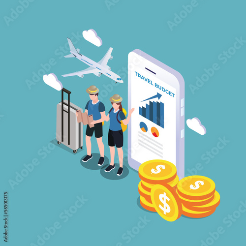  Couple with travel budget  3d isometric vector illustration concept for banner, website, landing page, ads, flyer template